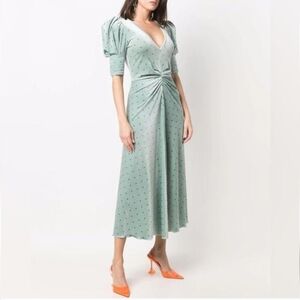 Rotate Birger Christensen Sierina Puff Sleeve Midi Dress Green Velvet Size 8 NWT